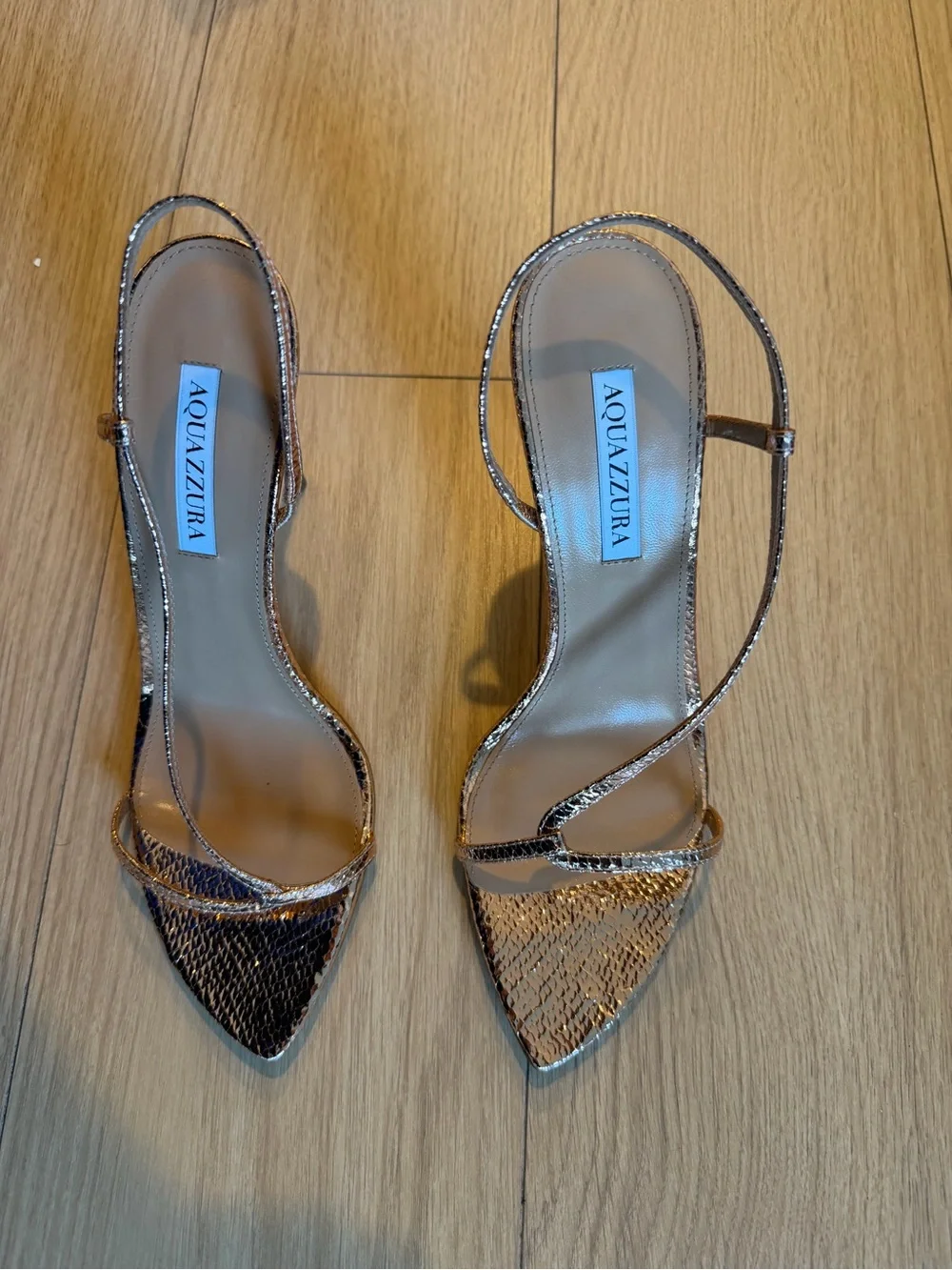 Aquazzura Metallic Bronze Pointed Toe Strappy Heels